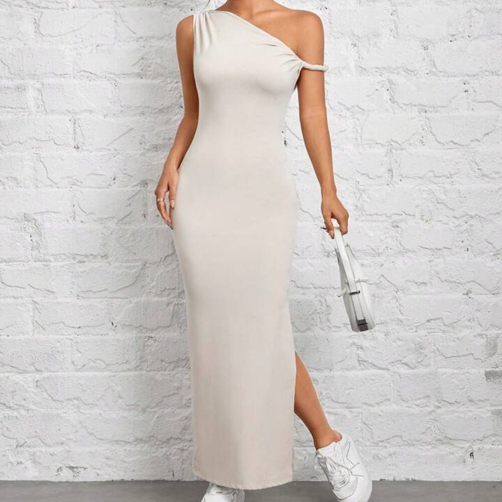 SHEIN Cream Knotted One Shoulder Asymmetric Bodycon Dress Size XS
